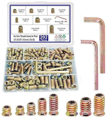200pcs Threaded Inserts for Wood,1/4-20 5/16-18 Screw in Nut Kit,10 Sizes