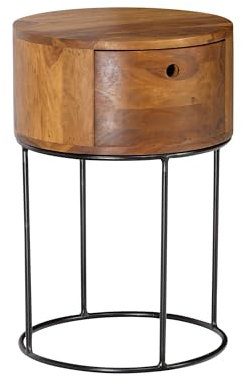 Wohnling Nachtkonsole Sheesham Massivholz Metall 40x40x60 cm Nachttisch Braun, Design Nachtkommode Rund Boxspringbett mit Schublade, Nachtkästchen mit Stauraum
