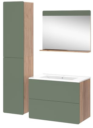 Vicco Badmöbel-Set Goldkraft Eiche/Grün Izan, bestehend aus Waschbecken, Waschtischunterschrank, Spiegelschrank, Hängeschrank - Mehr Stauraum ohne Bodenfläche zu nutzen
