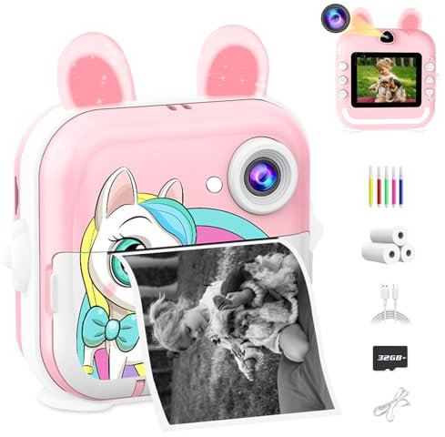 CATGIFF Macchina Fotografica Bambini Istantanea, 2,4 Pollici 1080P HD Fotocamera Digitale Bambini con Matita Colorata Carta da Stampa e 32GB Scheda,Regalo di Natale per Bambini dai 3-12 Anni(Rosa)