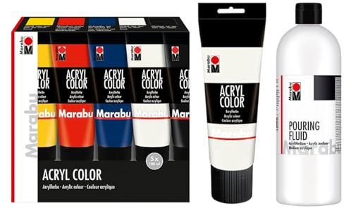 Marabu Acryl Color Pouring Starter Set, 225 ml Weiß und 5 x 100 ml Acrylfarbe, inkl. 750 ml Pouring Fluid Acrylmedium für Gießanwendungen und Fließtechniken