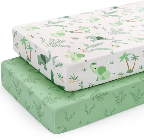 Yukkidds 2er Pack Baby Spannbettlaken Spannbetttücher 90 x 55 cm Elastizität Atmungsaktiv Mikrofaser Matratzenbezug Laken für Kinderbett Beistellbett Babybett, Elefantengrün
