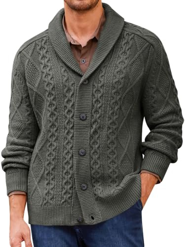 Runcati Mens Shawl Collar Cardigan Sweater Cable Knitted Button Down Sweaters Chunky Fall Winter Outwear, Dark Grey, 3XL