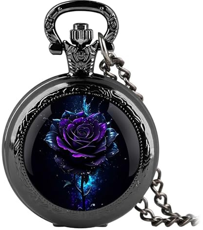 YIHAOYH Vintage Pocket Watch for Women Men Graphic Design Quartz Pocket Watches with Chain Pendant Christmas Birthday Gift with Box (Purple Rose)