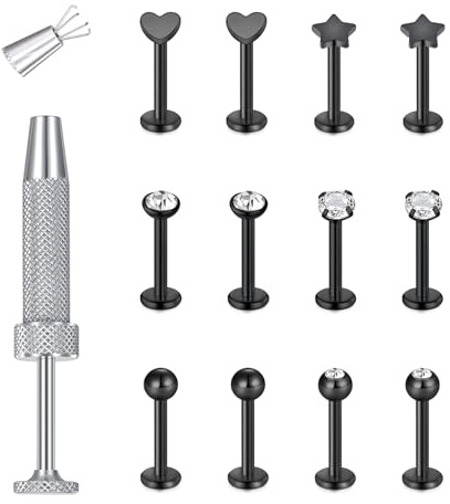 MODRSA Piercing per trago, 15 pezzi, 16 g, piercing per labbro, piercing per labbro, helix, conch, piercing per labbro, in acciaio chirurgico, sfere CZ 8 mm