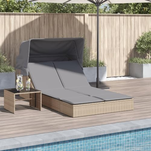 HEFZGDB Doppel-Sonnenliege mit Dach und Auflagen Beige Poly Rattan, Gartenmöbel aus PE-Rattan mit Verstellbarer Rückenlehne und ausziehbaren Sonnenschutz, wetterbeständige Polsterung
