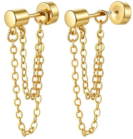 BodyBonita 1 Paar Kettenglieder Ohrringe Stecker mit Flachrücken, 925 Sterlingsilber Stiel Hängende Flatback Ohrstecker Damen Hypoallergen, 16K Goldplattierte Silber Tragus Helix Piercing Ohr G