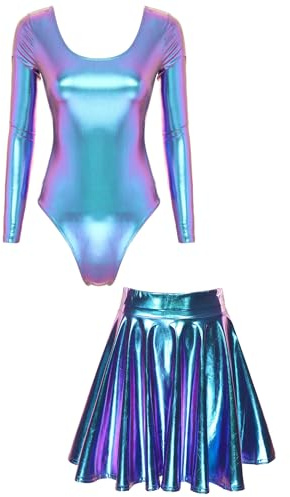 TiaoBug Damen Glänzend Ballettanzug Langarm Ballett Trikot Tanz Body Metallic Turnanzug Gymnastikanzug Dancewear Bunt G L