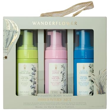 Wanderflower Foaming Body Wash Discovery Gift Set 3 x 100ml | Travel Size Shower Gel Collection | Japan Cherry Blossom, Greece Honey Thyme & Fig, Thailand Lemongrass & Jasmine | Bath & Body Gift Set