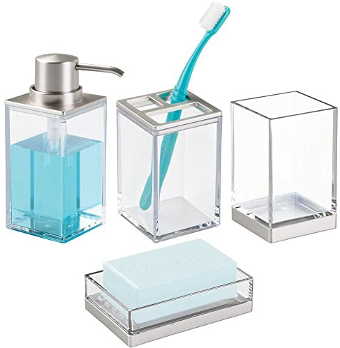 mDesign Badezimmer-Organizer aus Kunststoff, Spenderpumpe, Zahnbürstenständer, Aufbewahrungsglas, Seifenschale, für Wattestäbchen, Zahnpasta, Make-up, Lumiere-Kollektion, transparent/gebürstetes Chrom