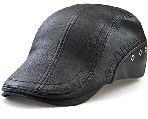 Kuyou Herren Gatsby Flatcap PU-Leder Schiebermütze Ivy Schirmmütze Kappe, Classic Schwarz, Einheitsgröße