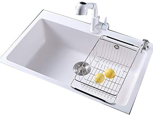 Küchenspülen Kitchen Sink Weißer Quarz-Stein Waschbecken Haushaltseinzel-Bassin-Wannen Mit Teleskop-Hahn (Color : Weiß, Size : 72 * 47cm)