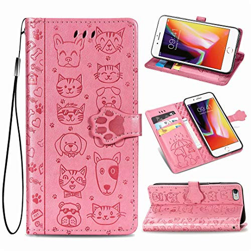 SATURCASE Case for Apple iPhone 6 6S, Cute Cat and Dog PU Leather Flip Magnet Wallet Stand Card Slots Protective Cover with Hand Strap for Apple iPhone 6 6S (Pink)