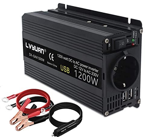 Yinleader Power Inverter 600W /1200W 12v 220v, Power Inverter DC 12V AC 230V Invertitore di Corrente con 2 Porte USB 2.4A, Trasformatore per Auto Camper tablet phone fan Computer mini TV
