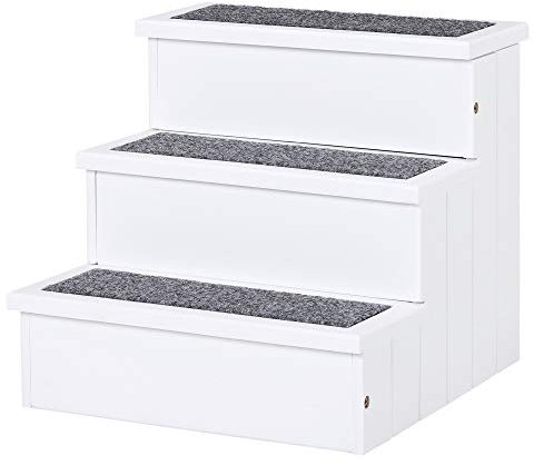 PawHut Escalier pour Chien Animaux Rampe 3 marches revêtement Tapis Coffre Interne Rangement Blanc Gris