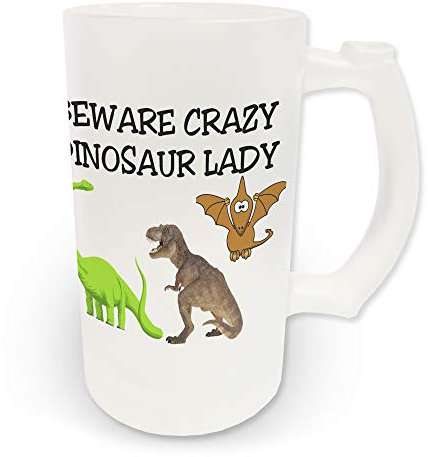 16oz Beware Crazy Dinosaur Lady Novelty Frosted Glass Beer Stein