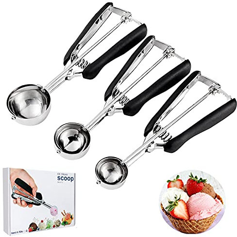 catpaw Eisportionierer, 3 Stück, Schwarz, Edelstahl, Eislöffel mit Auslöser, für Eiscreme, Kartoffelpüree, Fleischbällchen, Obst, Teig