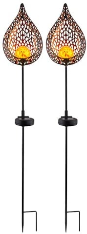 Solarleuchte Flamme Garten Solarstab für Außen Solar Garten Deko für Außen, mit Erdspieß und Lichteffekt, Crackle Glas, 10x LED warmweiß, H 90 cm, 2er Set