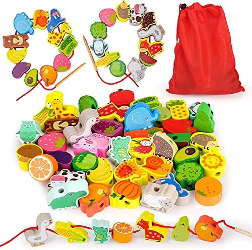 Perlen Fädelspiel, 42 STK Holzperlen zum Auffädeln Holzspielzeug Threading Toy Geburtstagsgeschenk für 1 2 3 Jährige Kinder Lernspielzeug Holzperlen Einfädeln Motorikspielzeug Montessori Spielzeug