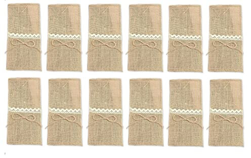 12 Stück Jute Bestecktasche Besteckhalter, Taschen Tischdeko Sackleinen Mit Spitze Abwaschbar Besteckbeutel, Serviettentasche Für Hochzeit Messer Gabeln Tasche Besteckbeutel Party, Ohne Besteck