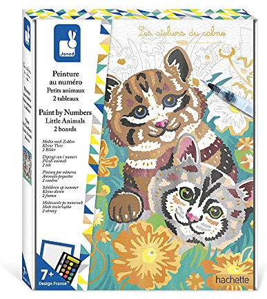 Janod - Coffret Peinture Par Numéro Chiens et Chats - 2 Tableaux à Réaliser - Les Ateliers du Calme - Kit Loisir Créatif Enfant - Dès 7 Ans, J07984, Multicolore, Taille unique