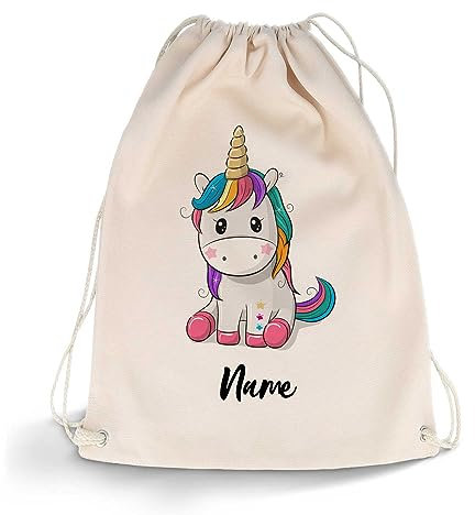 GRAVURZEILE Bedruckter Turnbeutel - Cute Unicorn Design & Wunschname - Sportbeutel Rucksack Daypack Gymbag mit Kordelzug - für Schule & Freizeit Sport - für Mädchen - 12 Liter 33x45 cm