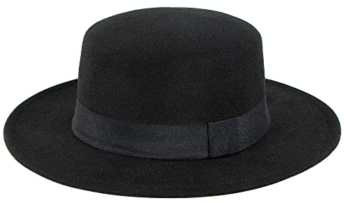 Klassischer Fedora mit flacher Oberseite, für Damen, mit Schleife, Porkpie-Filz, Bootshut (Größe: S-M), Schwarz, 7/7 1/4