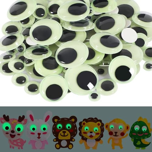 JANYUN Wackelaugen Selbstklebend,100 Stück Leuchtende Selbstklebende Wackelaugen Kunststoff Kulleraugen Selbstklebend für DIY Kunsthandwerk Aufkleber Dekoration 8-25mm