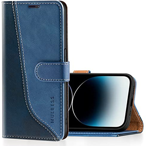 Mulbess für iPhone 14 Pro Hülle, Handyülle Leder mit Kartenfach, Klapphülle mit Magnetverschluss, Flip Case Etui Handytasche Schutzhülle, Stilvoll Diamant Blau