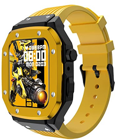 KANUZ Kit de modificación de modificación para Apple Watch Band Case 44mm 45mm 42mm para Apple Watch Banda de Reloj de Silicona + Caja de Reloj de Acero Inoxidable (Color : Yellow, Size : 44mm)