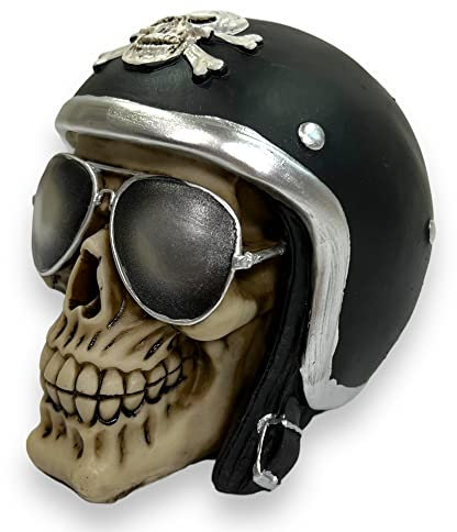 BUSDUGA 4183 Sparkasse Spardose Totenkopf mit Motorradhelm und Sonnenbrille, Sparbüchse