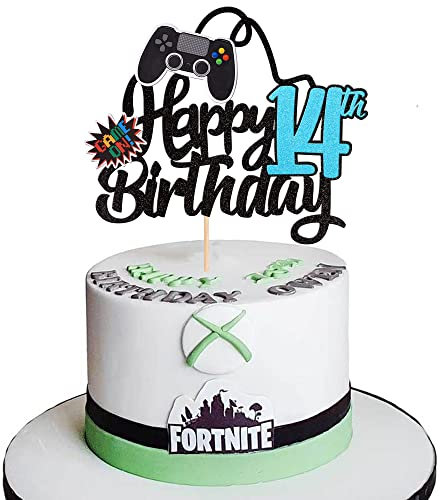 SYKYCTCY 1 Pack Video Game Happy 14th Birthday Cake Topper Glitter Video Game Cake Pick Game On Controllers Fourteenth Cheers to 14 Years Cake Decoration for Happy 14th Birthday Party Supplies Black