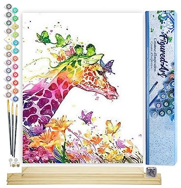 Figured'Art Peinture par Numéro Adulte avec Cadre Girafe Colorée Moderne - Activité Manuelle Kit de Loisir Créatif DIY Numéro d'Art Complet Animaux - 40x50cm avec châssis en bois à monter