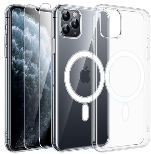 Phoona für iPhone 11 Pro Hülle,Kompatibel mit MagSafe,Mit 2 Stück Panzer Schutz Glas,Transparente Magnetische Hülle für iPhone 11 Pro,Weiche TPU,Vergilbungs und Kratzfest