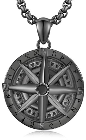 KINGWHYTE Schwarz Compss Halskette S925 Sterling Silber Viking Rune Kompass Anhänger Nordic Pagan Schmuck Geschenke für Jungen Freund Männer mit Edelstahlkette