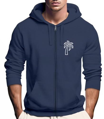 Neverless® Sweatjacke mit Kapuze Herren Print Palme Line Art Motiv Hoodie-Zipjacke Männer Fashion Streetstyle Navy weiß XL