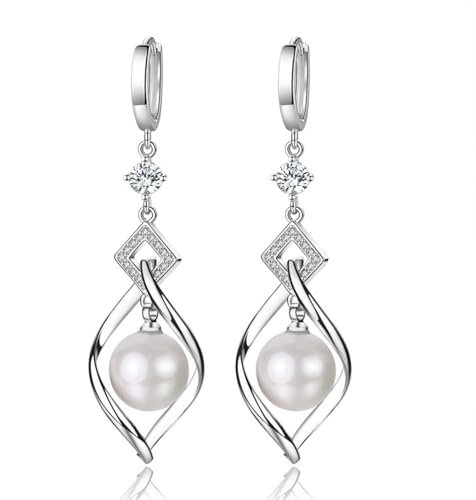 ankbrats 925 Sterling Silber Perlenohrringe Creolen Damen, Süßwasserperlen Twist Silber Creolen mit Cubic Zirconia, Leichtgewicht Ohrringe Hängend für Mädchen