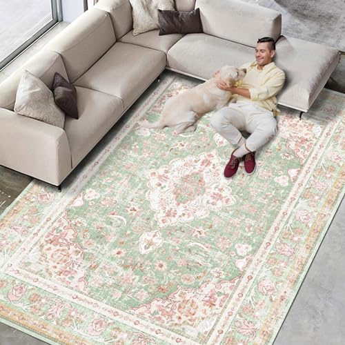 Vhong Waschbarer Teppich, Boho, Vintage, modern, neutral, groß, Grün und Rosa, stark frequentiert, für Esszimmer, Wohnzimmer, Schlafzimmer, Bauernhaus, rutschfest