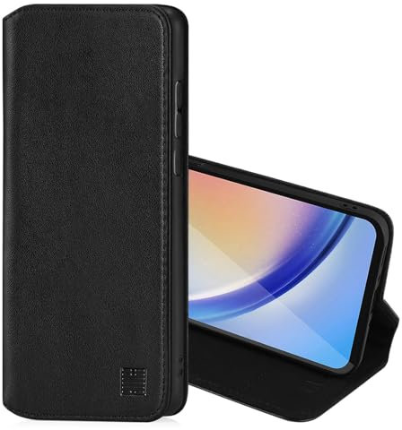 32nd Classic Series 2.0 - Real Leather Book Wallet Flip Case Cover For Samsung Galaxy A35, With RFID Blocking Card Slot, Magnetic Closure and Built In Stand - Black