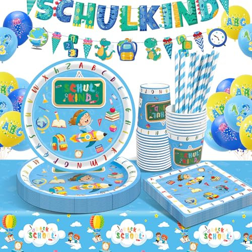 Einschulung Partygeschirr Set, Einschulung Deko Schulanfang Pappgeschirr, Einschulung Geschirr Pappteller Kindergeburtstag, Schulkind Banner mit Luftballons für Einschulungsdeko Junge Mädchen 16 Gäste