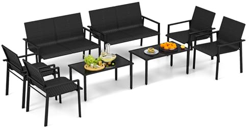 GYMAX Gartenmöbel Set aus Rattan, 4-teilige Terrassengarnitur Sitzgruppe inkl. 2 Stühlen, 1 Sofa & 1 Kaffeetisch, Terrassenmöbel Set, Balkonmöbel Set für Balkon, Pool & Garten (Schwarz)