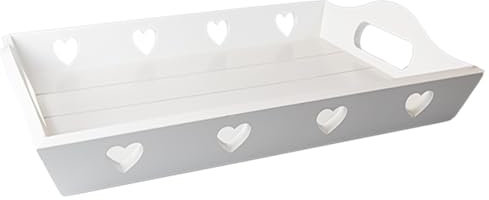 Tech Island Serving Tray, Wooden Breakfast Tray Rectangular Heart cut out Design Dinner/Drinks Reusable Serving Trays, Easy Grip Handles Ideal for Home Breakfast, party (White)