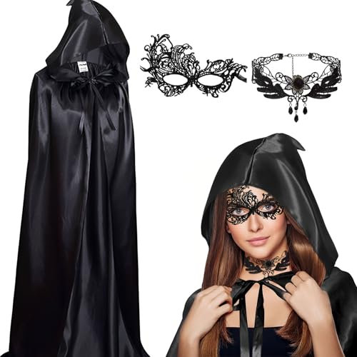 Winwild 3er Halloween Kostüm Umhang Set,160CM Schwarzer Umhang mit Kapuze & Maske & Halskette,Halloween Darth Vampir Umhang Kostüm Damen Halloween Cape Satin für Karneval Fasching Partys