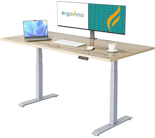 Ergofino höhenverstellbarer Schreibtisch 180x80 cm, elektrisch Schreibtisch mit GS-Zertifiziert, 2 Motoren, 3-Fach Teleskop, 3 Memoryfunktion, Gestell Grau inkl. Asteiche Tischplatte
