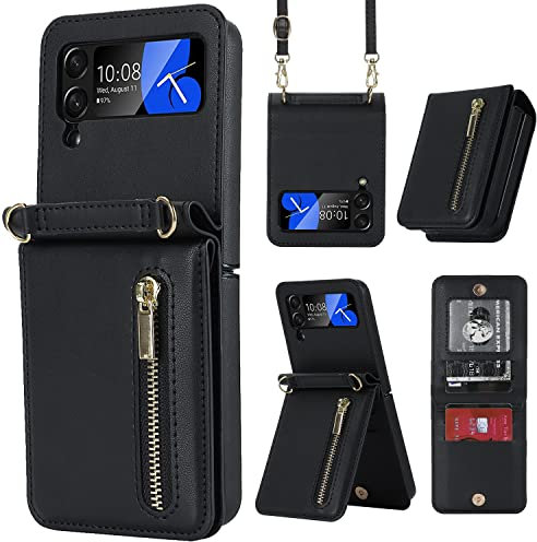 ZHOZEXIN Étui de protection à rabat élégant en cuir pour Samsung Galaxy Z Flip 4 avec fermeture éclair, compartiment pour cartes, compartiment pour argent, poche pour téléphone portable avec cordon