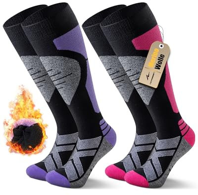 Niorasen 2 Paar Merino Skisocken Herren Damen, Thermo Snowboard Socken, Skistrümpfe mit Polsterung, Wärme Kniestrümpfe für Skifahren, Snowboarden, Outdoor Wintersport, Size M, Rosa Lila