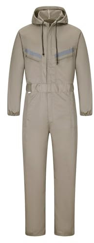 Yukirtiq Men's Workwear Hooded Boilersuit Coverall with Multi Pockets, Heavy Duty Polycotton Overall Trousers Mechanics Boiler Suit with Reflective Tape, Khaki, S