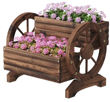 Wooden Wagon Planter Wooden Flower Cart with Wheels Outdoor Garden Planter, Decor Planter for Patio Balcony Decoration Succulent Flower Pot for Indoor Backyard Balcon planters (Carbonized, Medium)