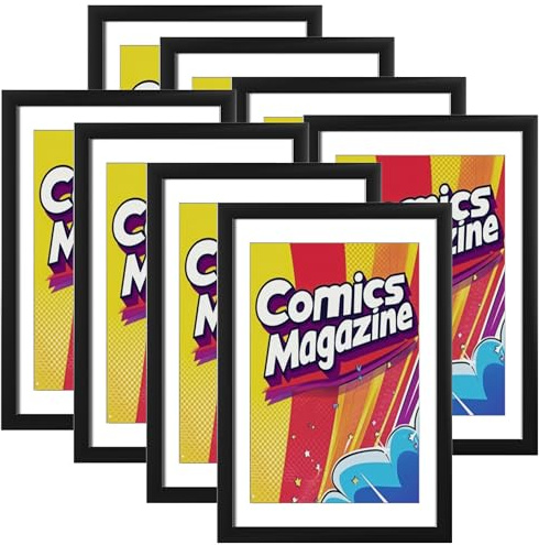 eletecpro Comic-Bilderrahmen, 8 Stück, 20,3 x 30,5 cm, schwarz-weiß, doppelseitiges Passepartout, passend für aktuelle einzelne Comic-Bücher bis zu 17,6 x 26,7 cm, Wand- oder Tisch-Display, Schwarz