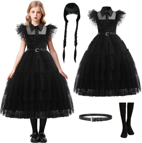 Windskids Mädchen Halloween Kostüm Schwarz Gothic Vintage Zombie Geisterbraut Fasching Tüll Ballkleid mit Perücken und Socken Anzug Karneval Party Fest Verkleidung, 4-10 Jahre